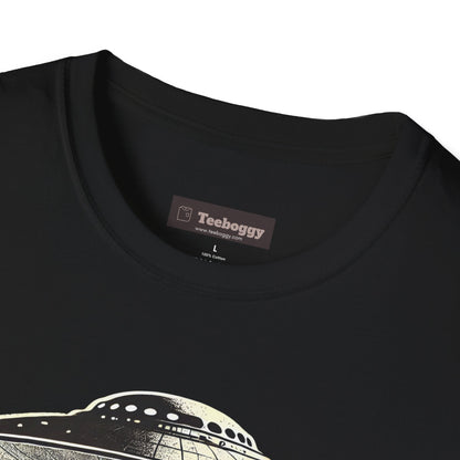 Bigfoot Guitar Tee — UFO Searchlight Humorous Sasquatch T-Shirt