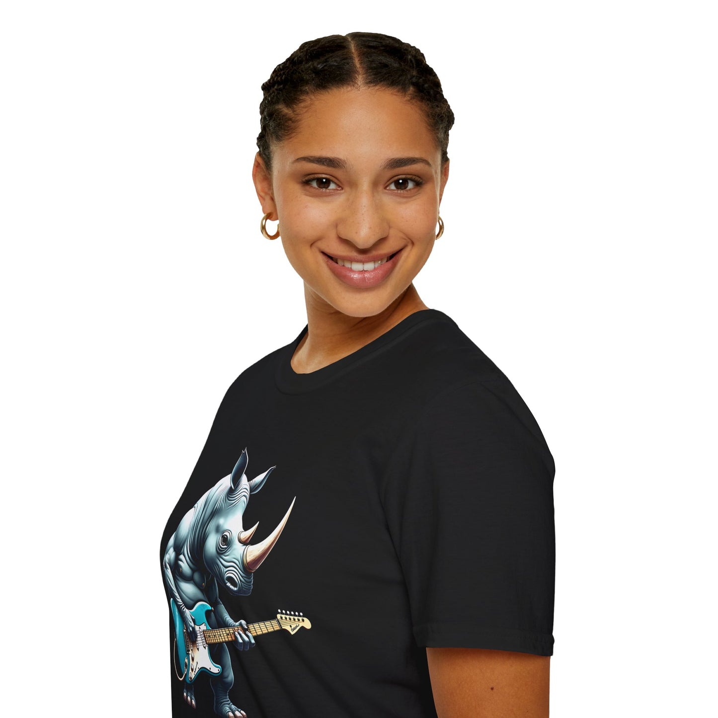 Rock Guitar Rhino T-Shirt — Rhinoceros Playing Electric Guitar Graphic Tee