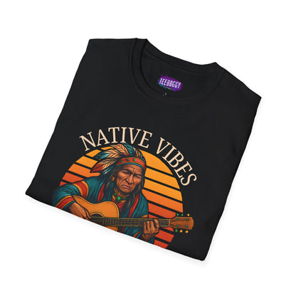 Native Vibes Softstyle T-Shirt with Elder Native American Playing Guitar