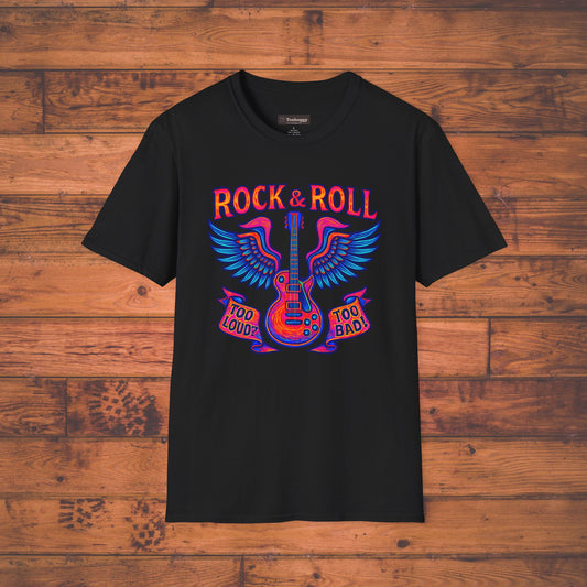 Rock & Roll Too Loud? Too Bad? T-Shirt — Les Paul Guitar with Wings