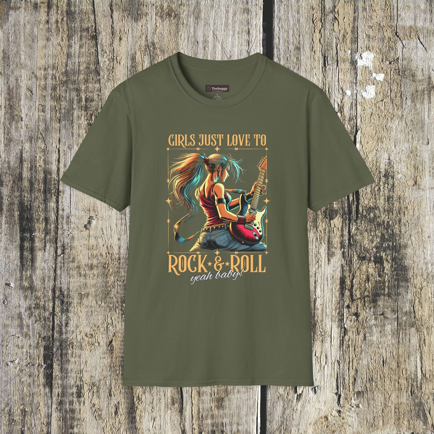 Girls Just Love to Rock & Roll T-Shirt — Female Guitarist Rock Tee