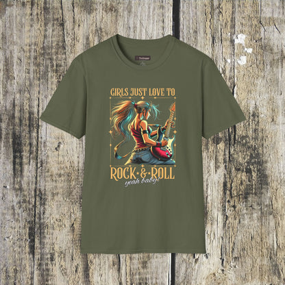 Girls Just Love to Rock & Roll T-Shirt — Female Guitarist Rock Tee