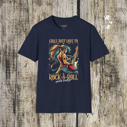 Girls Just Love to Rock & Roll T-Shirt — Female Guitarist Rock Tee