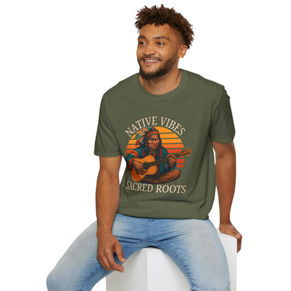 Native Vibes Softstyle T-Shirt with Elder Native American Playing Guitar