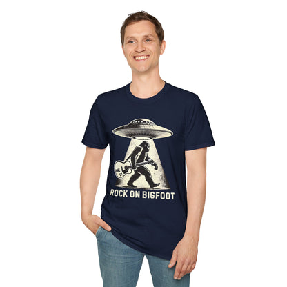 Bigfoot Guitar Tee — UFO Searchlight Humorous Sasquatch T-Shirt