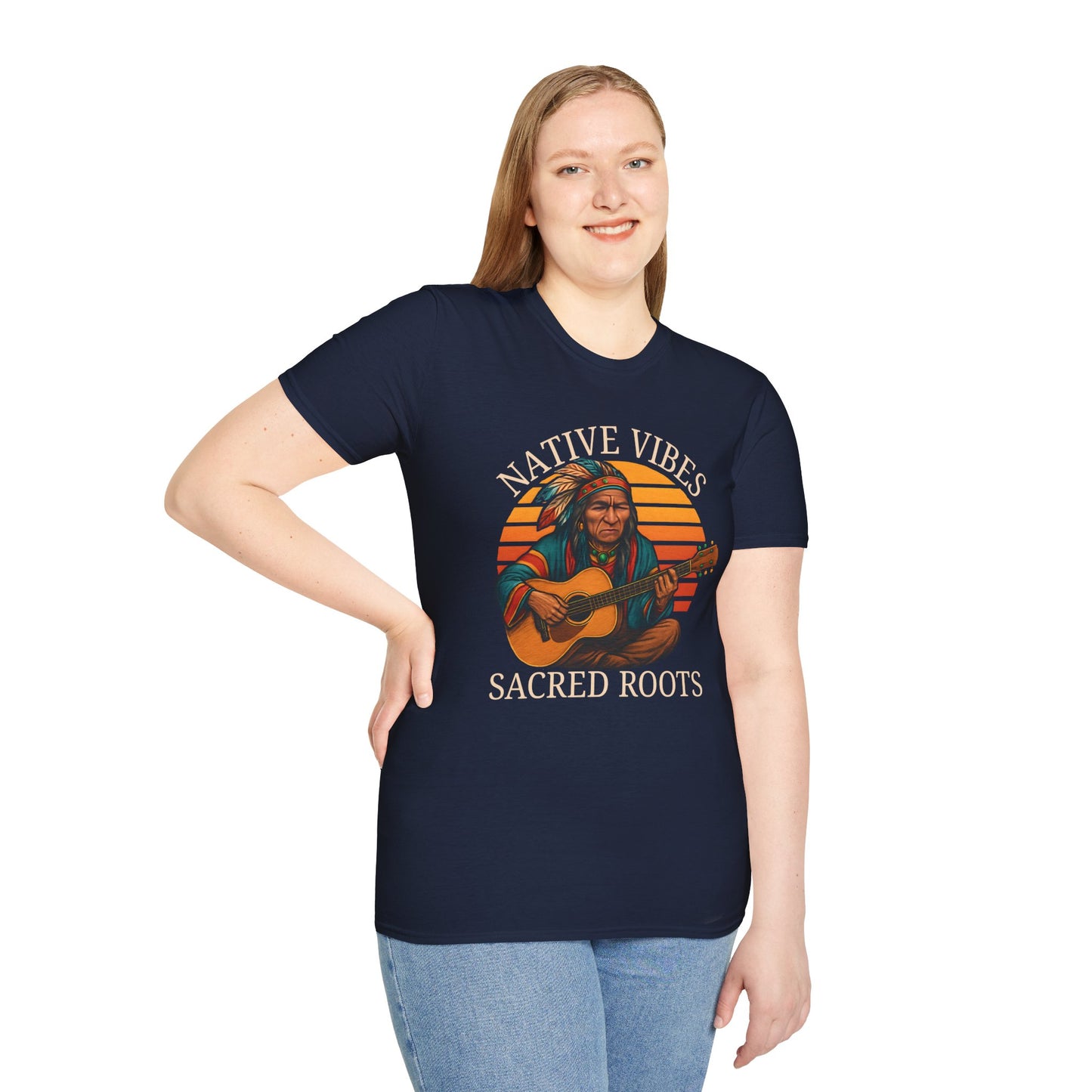Native Vibes Softstyle T-Shirt with Elder Native American Playing Guitar