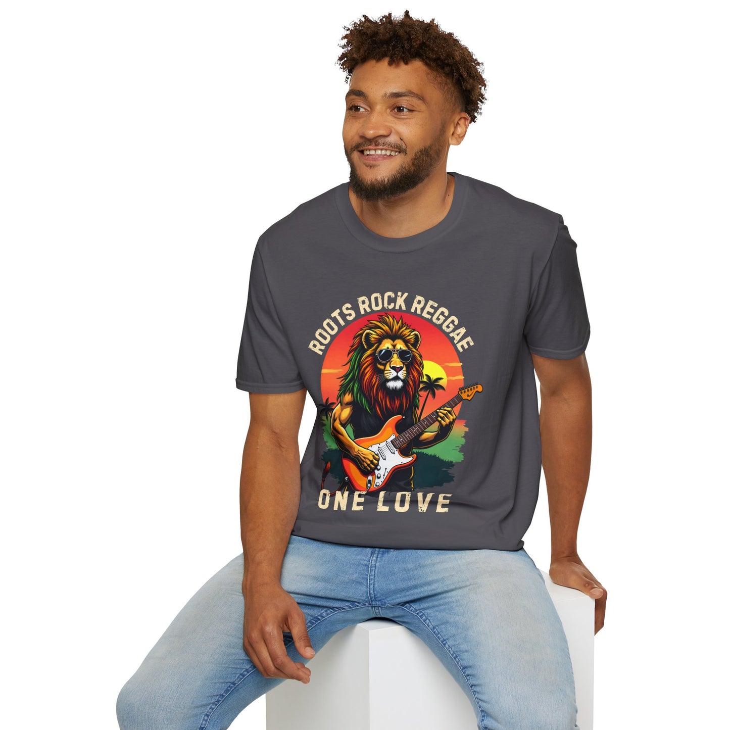 Graphic T-Shirt - Zion Lion Rock Guitar Retro Sunset with Roots Rock Reggae & One Love Slogans