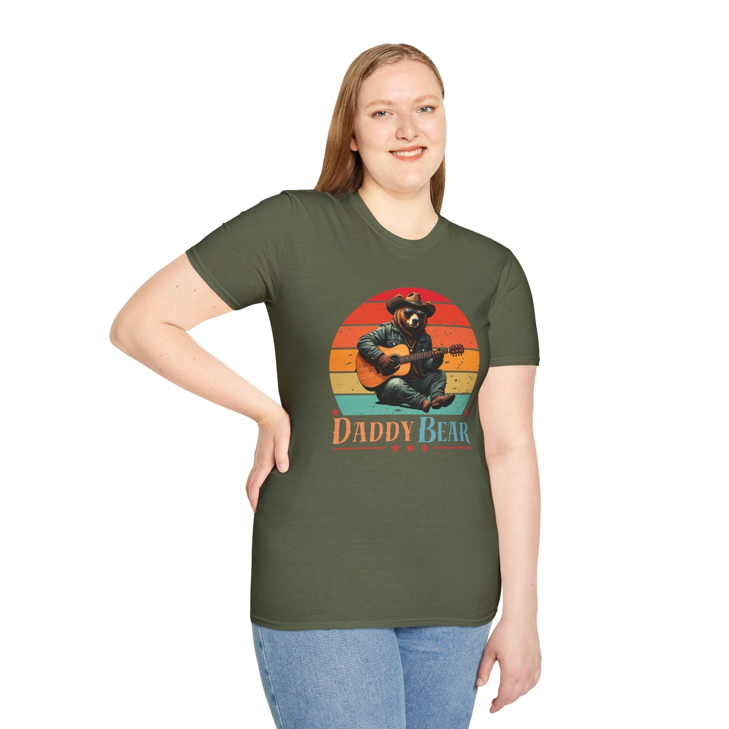 Daddy Bear T-Shirt — Grizzly Dad Playing Acoustic Guitar Retro Sun Design