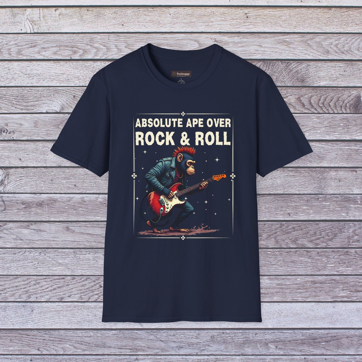 Rocker Chimp T-Shirt — "Absolute Ape, Over Rock and Roll"