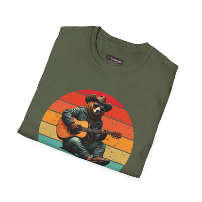 Daddy Bear T-Shirt — Grizzly Dad Playing Acoustic Guitar Retro Sun Design