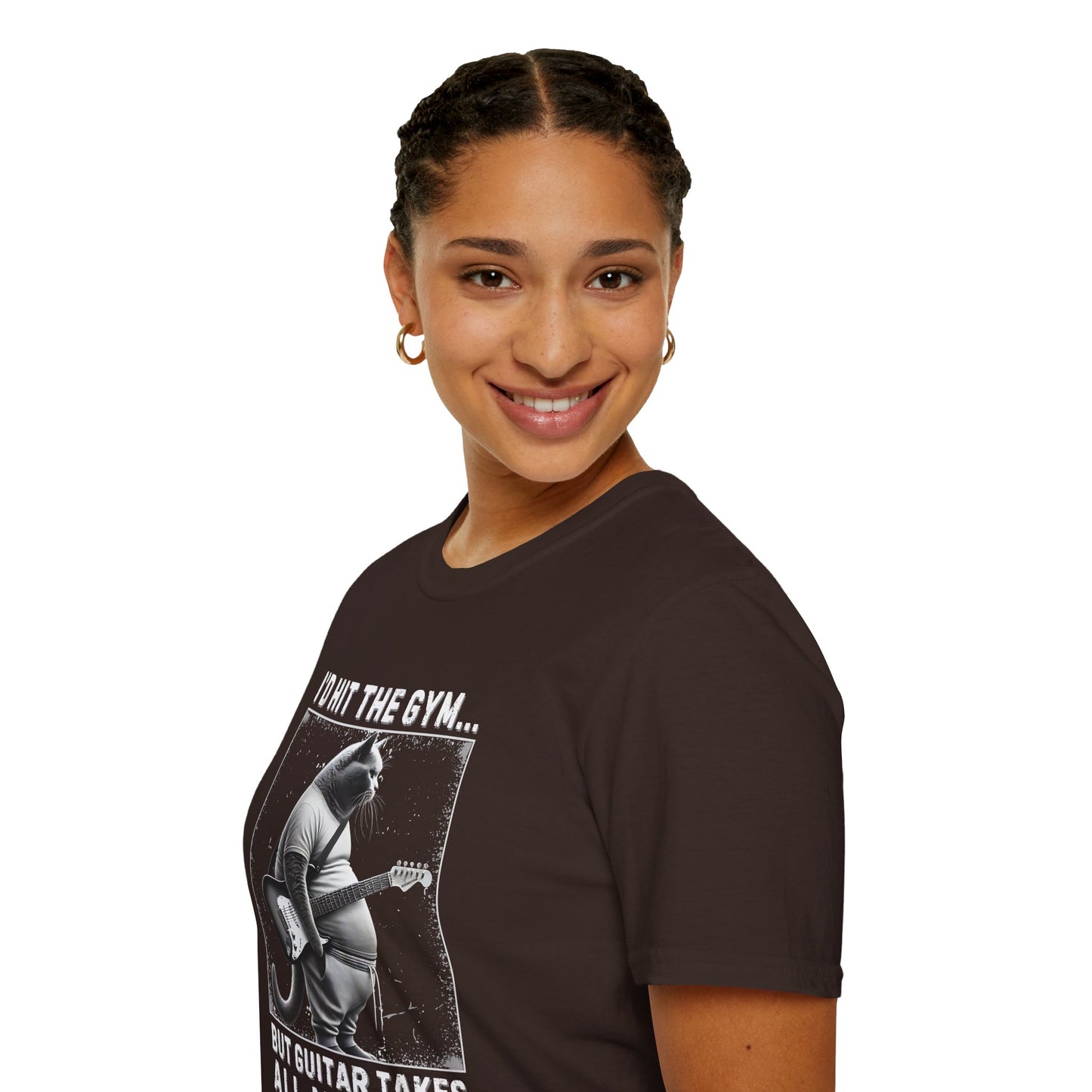 Fat Cat Guitarist T-Shirt — "I'd Hit the Gym, But Guitar Takes All My Time" Humorous Tee