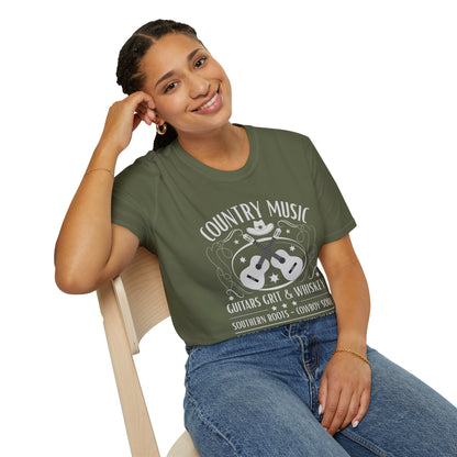 Country Music Whisky Label T-Shirt — Guitars, Grit & Cowboy Hat