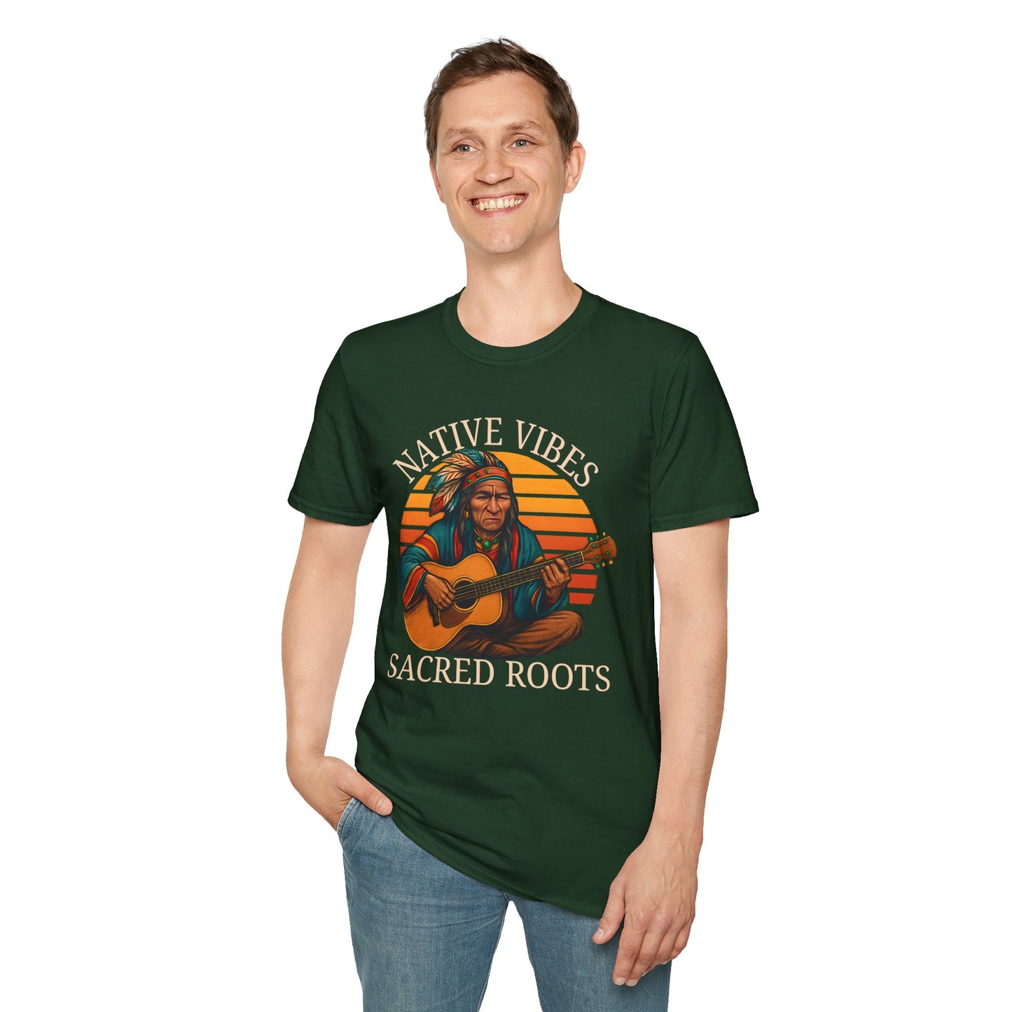 Native Vibes Softstyle T-Shirt with Elder Native American Playing Guitar