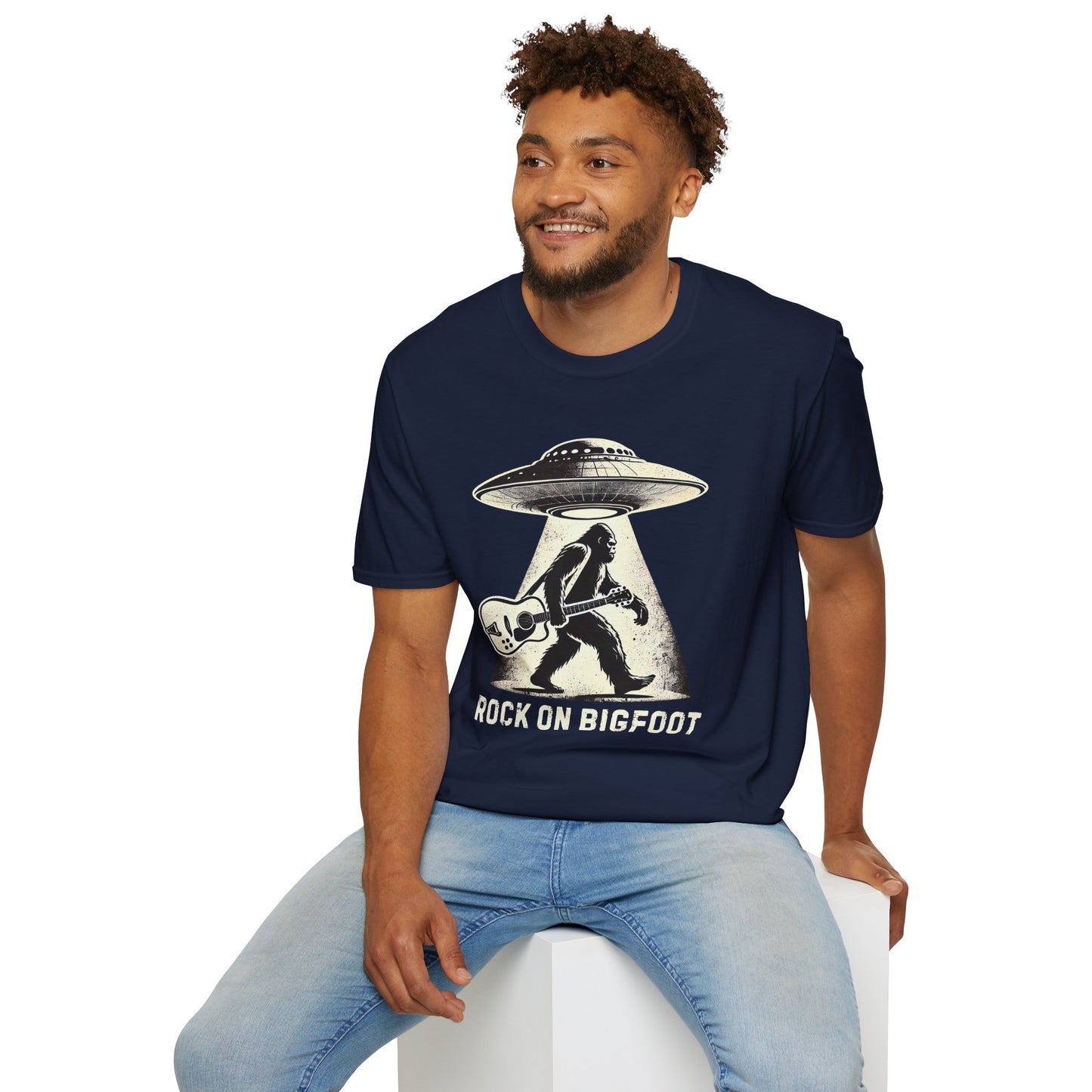 Bigfoot Guitar Tee — UFO Searchlight Humorous Sasquatch T-Shirt