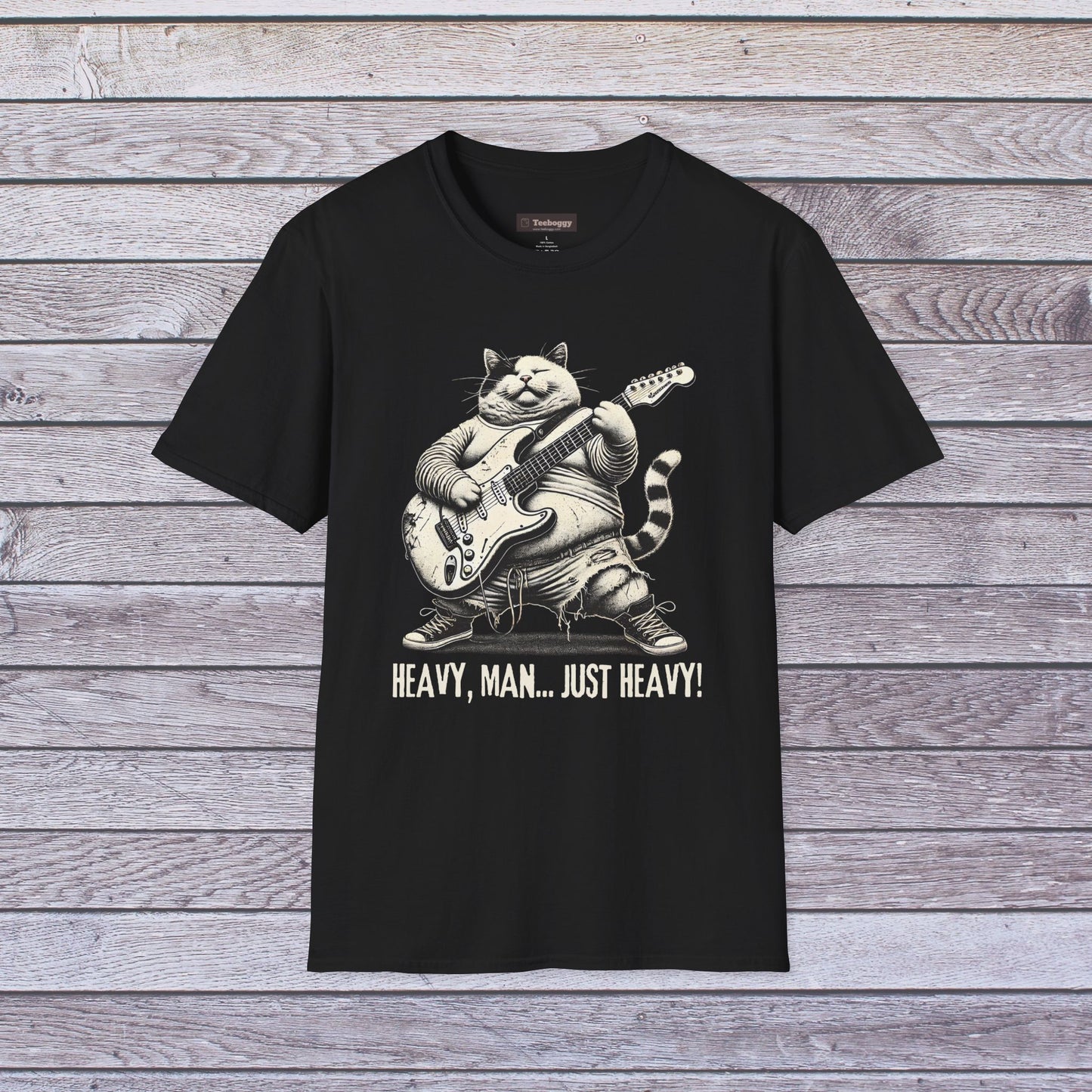 Funny Rocker Fat Cat T-Shirt – “Heavy Man… Just Heavy!”