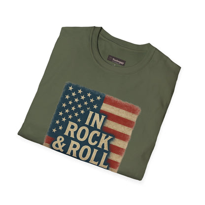 Rock & Roll T-Shirt — "In Rock & Roll We Trust" USA Flag Patriotic Tee
