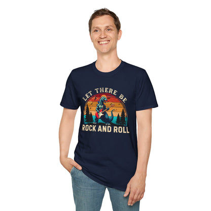 Rock & Roll Dinosaur T-Shirt — "Let There Be Rock and Roll" Guitar Dino Tee