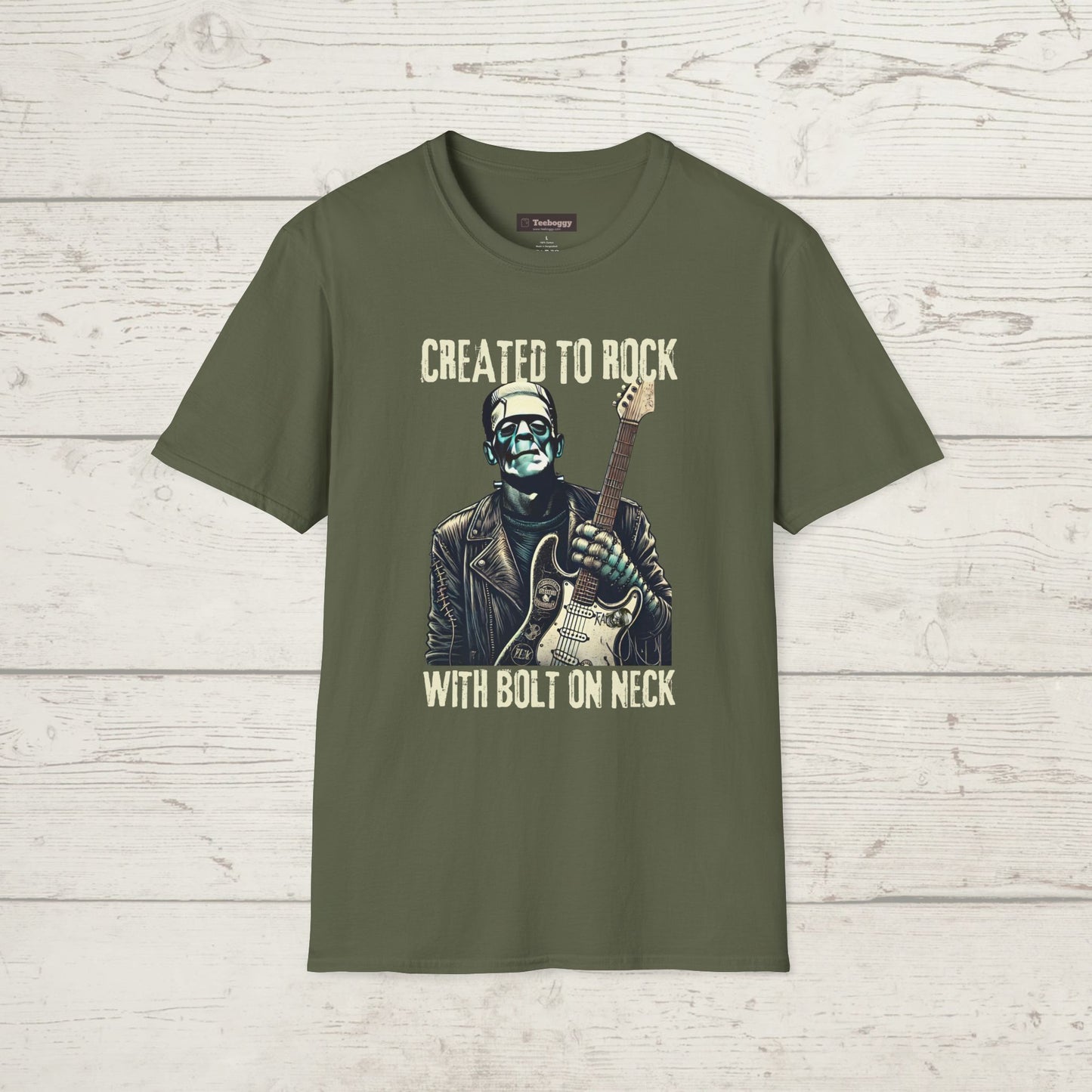 Crafted To Rock, With Bolt-on Neck, Frankenstein With Guitar, T-Shirt.