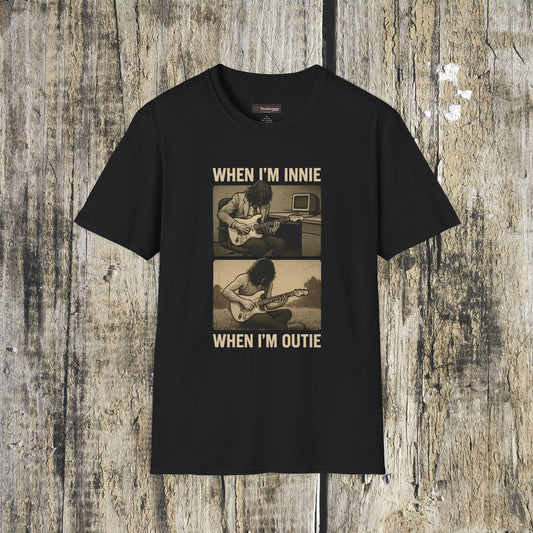 Severance-Inspired Split Guitarist T-Shirt — Indoor vs Outdoor Guitar Life