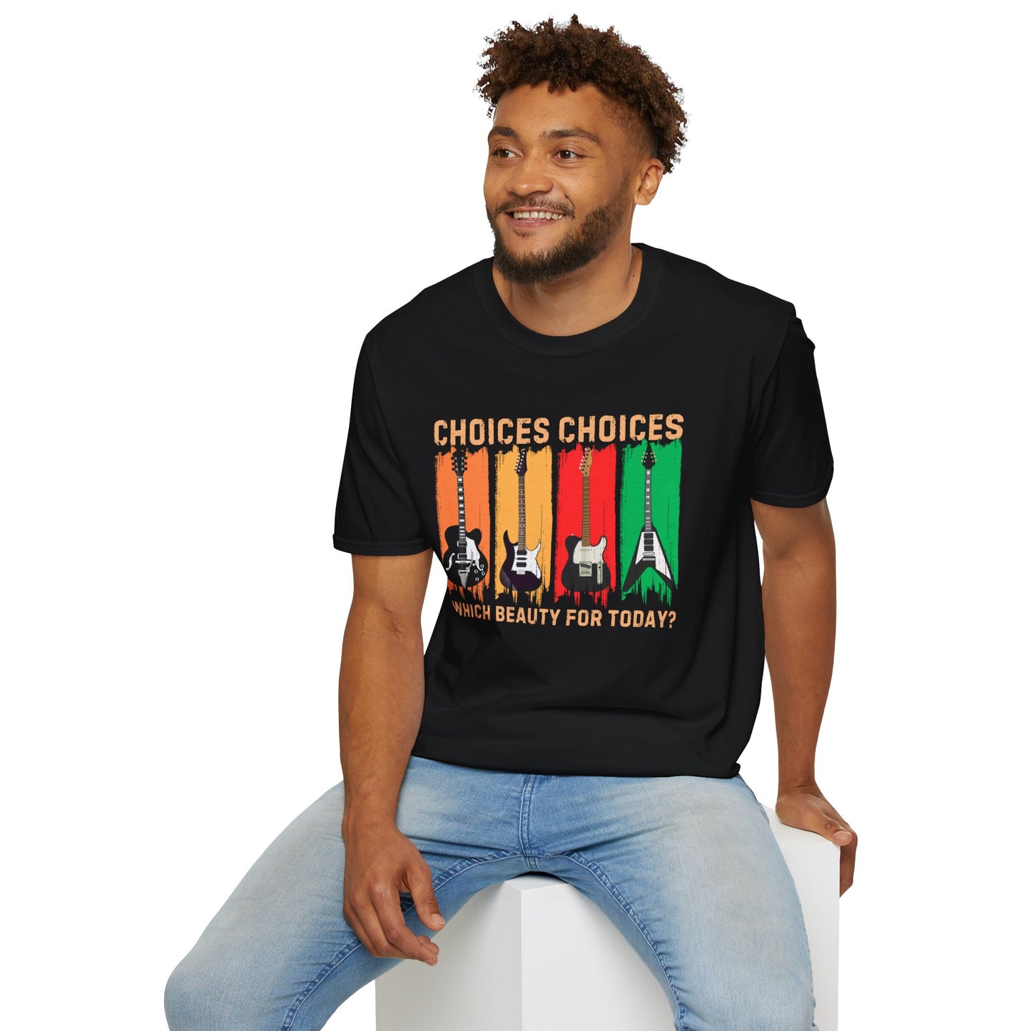 Rock Guitar T‑Shirt — "Choices Choices, Which Beauty for Today" Retro Guitar Types