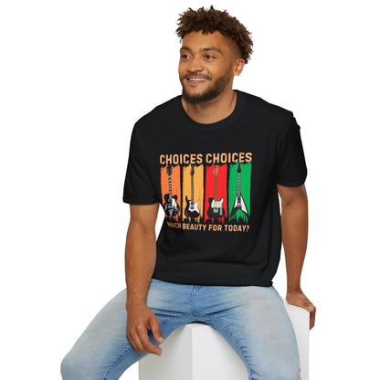 Rock Guitar T‑Shirt — "Choices Choices, Which Beauty for Today" Retro Guitar Types