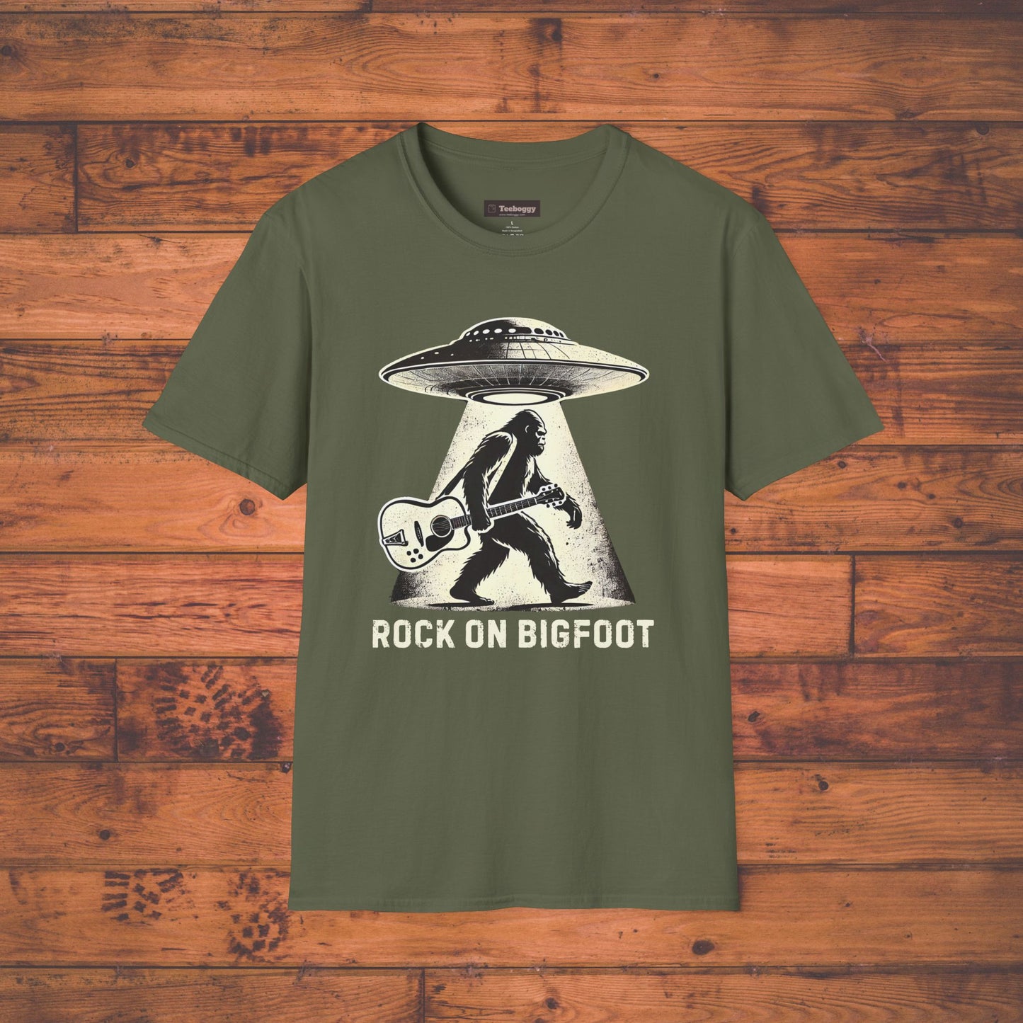 Bigfoot Guitar Tee — UFO Searchlight Humorous Sasquatch T-Shirt