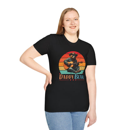 Daddy Bear T-Shirt — Grizzly Dad Playing Acoustic Guitar Retro Sun Design