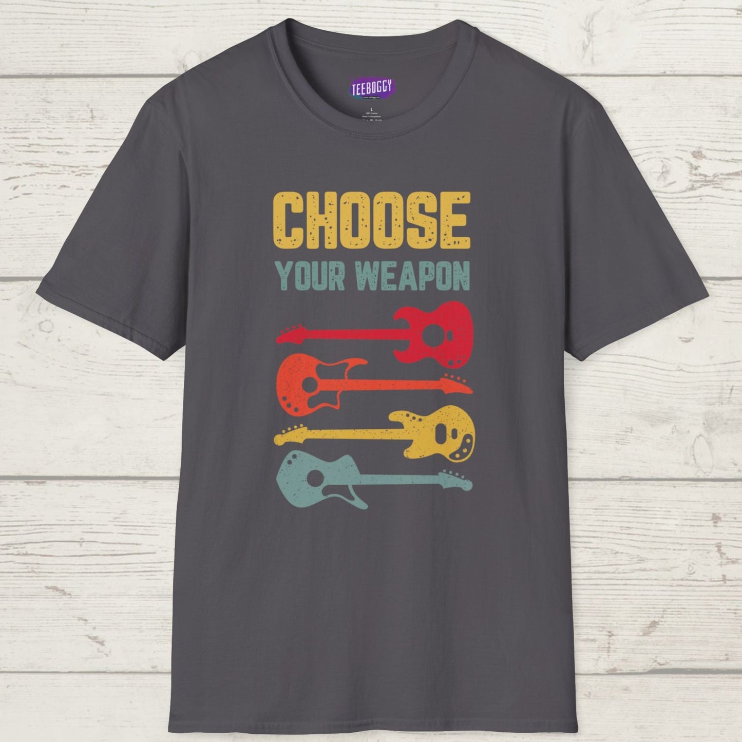 Guitar T-Shirt with 'Choose Your Weapon' Slogan