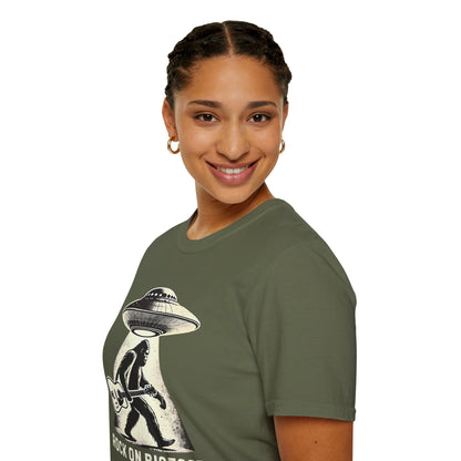 Bigfoot Guitar Tee — UFO Searchlight Humorous Sasquatch T-Shirt