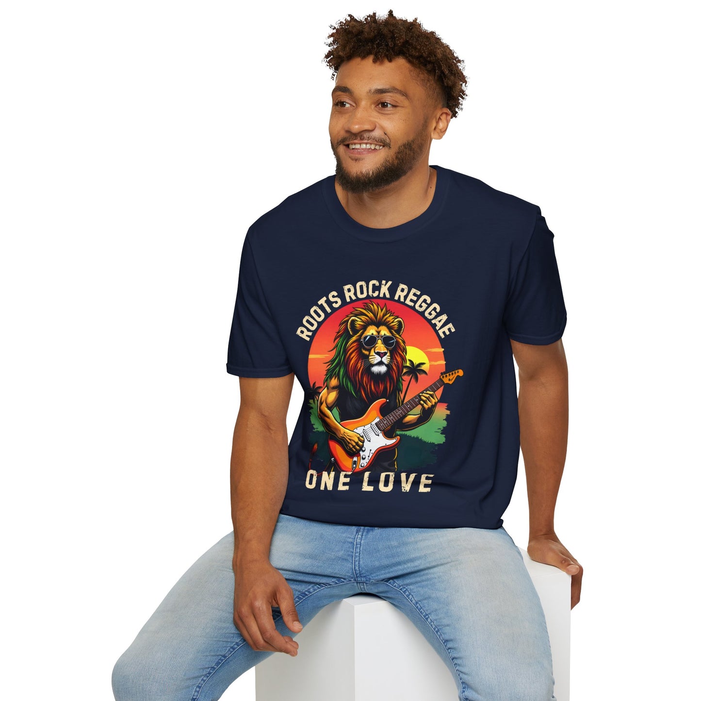 Graphic T-Shirt - Zion Lion Rock Guitar Retro Sunset with Roots Rock Reggae & One Love Slogans