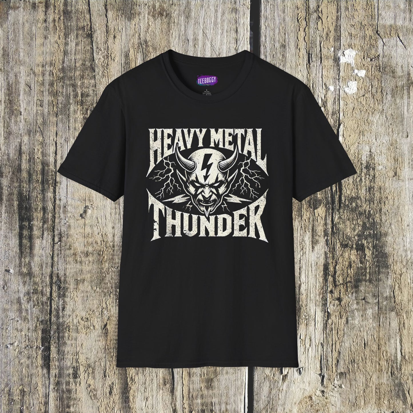 Heavy Metal T-Shirt with Devil's Horns & Thunder Bolt Design