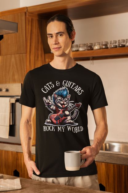 Rocker Cat T-Shirt with 'Cats & Guitars Rock My World' Slogan