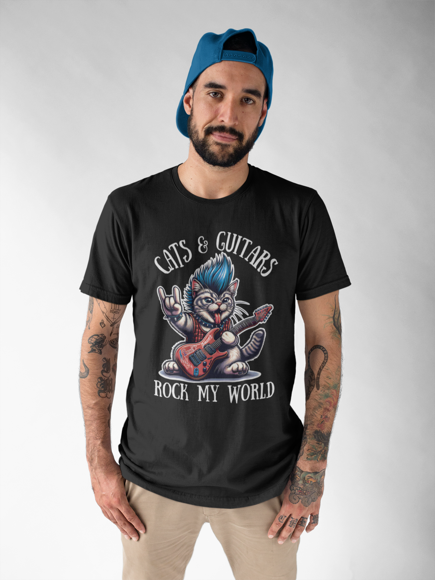 Rocker Cat T-Shirt with 'Cats & Guitars Rock My World' Slogan
