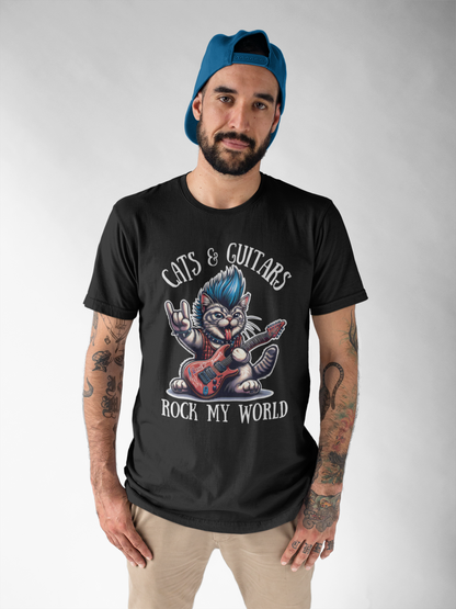 Rocker Cat T-Shirt with 'Cats & Guitars Rock My World' Slogan