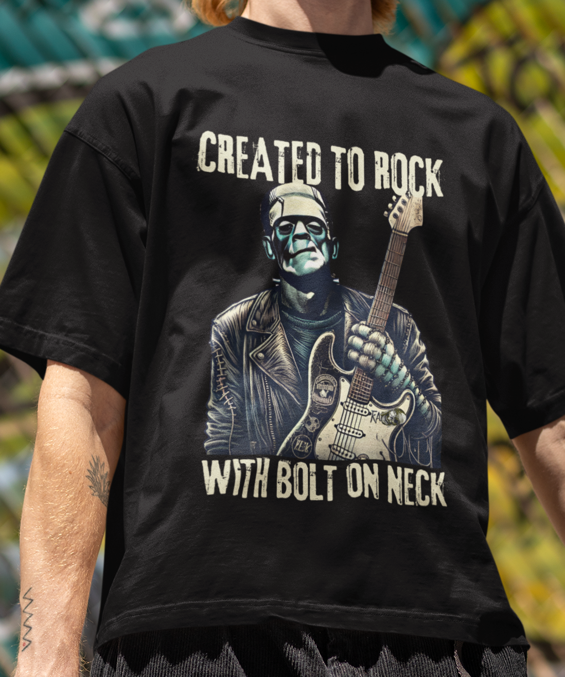Crafted To Rock, With Bolt-on Neck, Frankenstein With Guitar, T-Shirt.