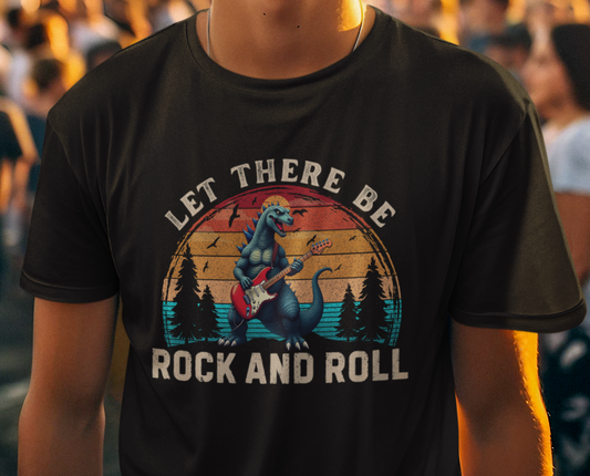 Rock & Roll Dinosaur T-Shirt — "Let There Be Rock and Roll" Guitar Dino Tee
