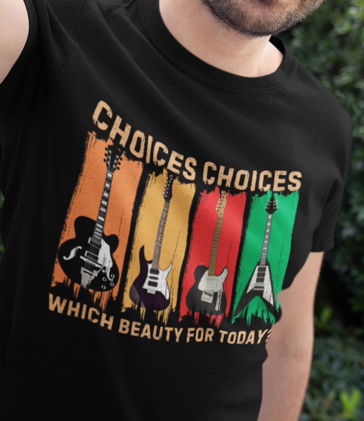 Rock Guitar T‑Shirt — "Choices Choices, Which Beauty for Today" Retro Guitar Types