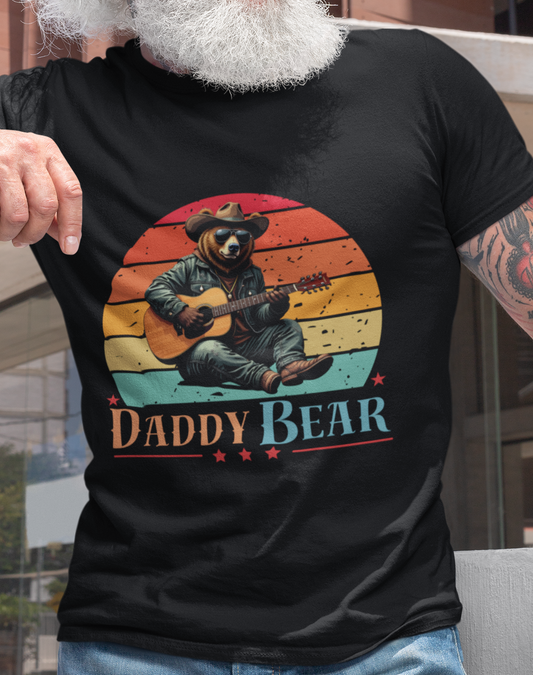 Daddy Bear T-Shirt — Grizzly Dad Playing Acoustic Guitar Retro Sun Design