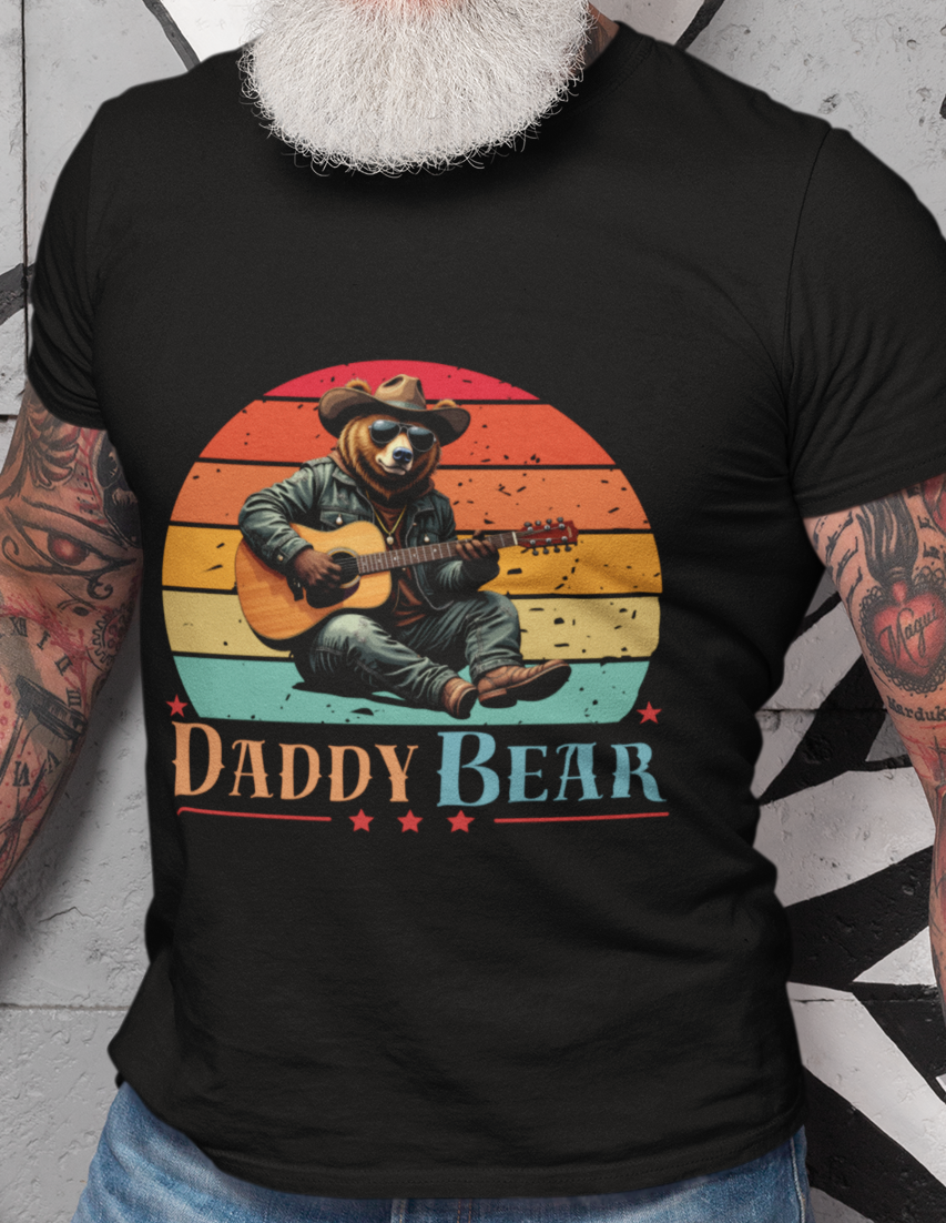 Daddy Bear T-Shirt — Grizzly Dad Playing Acoustic Guitar Retro Sun Design
