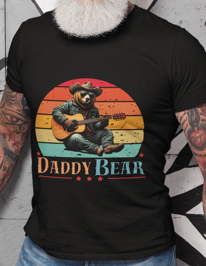 Daddy Bear T-Shirt — Grizzly Dad Playing Acoustic Guitar Retro Sun Design