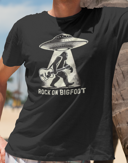 Bigfoot Guitar Tee — UFO Searchlight Humorous Sasquatch T-Shirt
