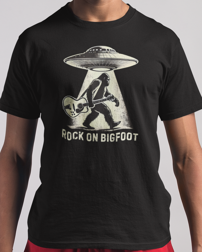 Bigfoot Guitar Tee — UFO Searchlight Humorous Sasquatch T-Shirt
