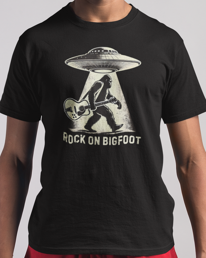 Bigfoot Guitar Tee — UFO Searchlight Humorous Sasquatch T-Shirt