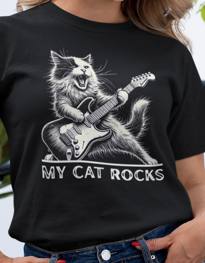 My Cat Rocks T-Shirt — Cat Playing Guitar Tee for Music Lovers