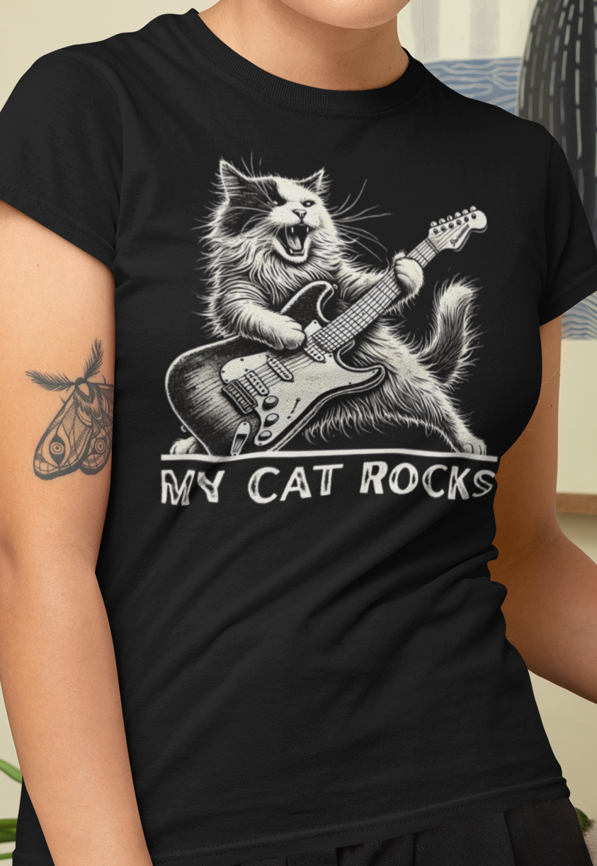 My Cat Rocks T-Shirt — Cat Playing Guitar Tee for Music Lovers