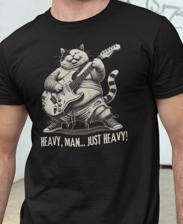 Funny Rocker Fat Cat T-Shirt – “Heavy Man… Just Heavy!”