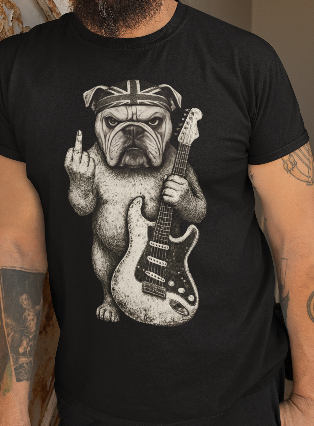Bulldog Rock Rebel T-Shirt — Guitar-Slinging Middle Finger Design
