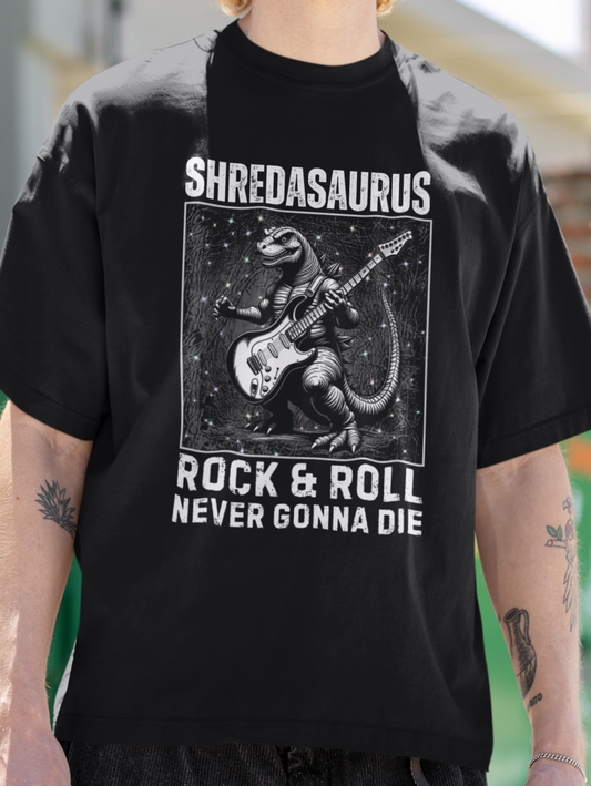 Shredasaurus T-Shirt — 'Rock and Roll Never Gonna Die' Dinosaur Guitar Tee