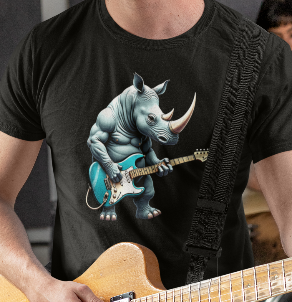 Rock Guitar Rhino T-Shirt — Rhinoceros Playing Electric Guitar Graphic Tee