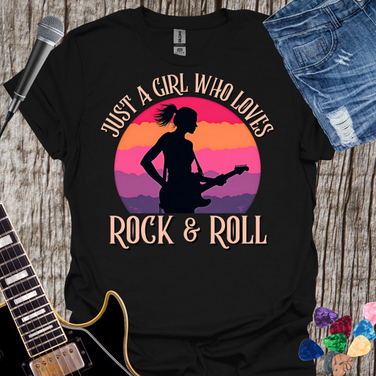 Just a Girl Who Loves Rock & Roll T-Shirt — Retro Ponytail Guitar Tee